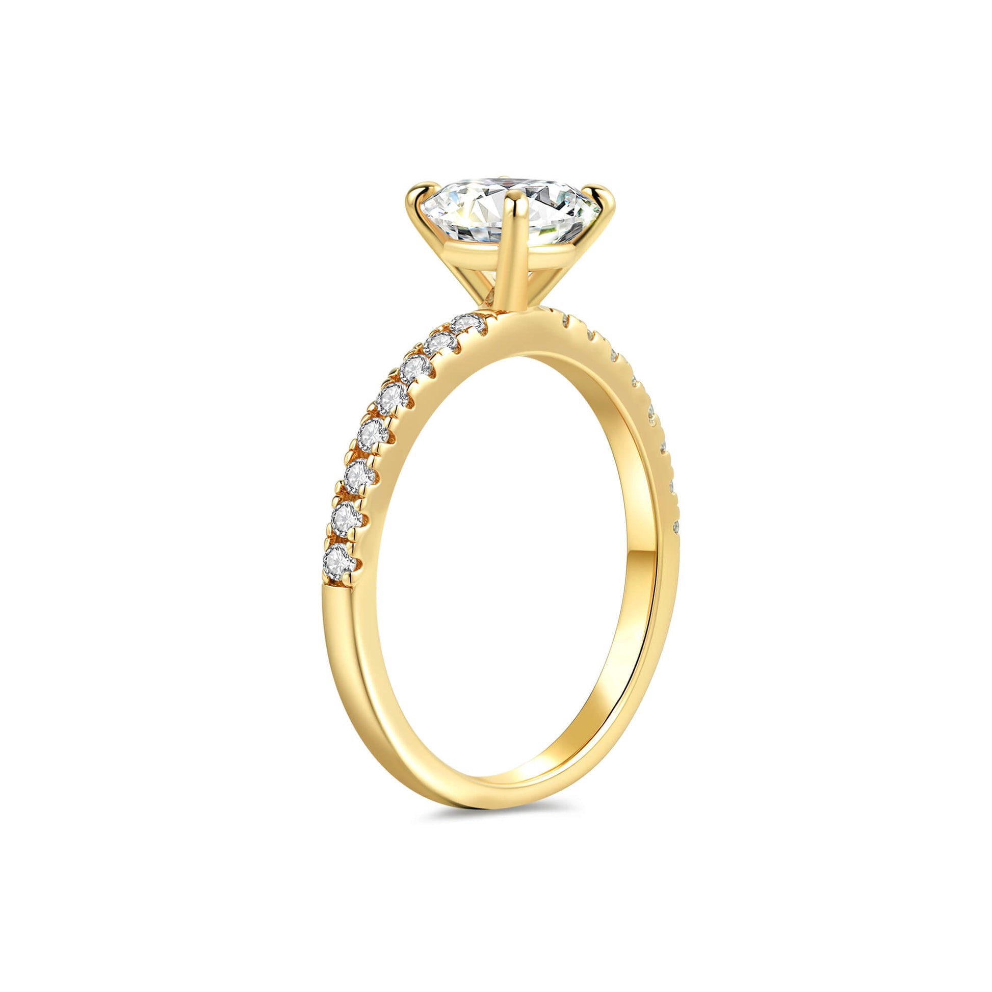 Solitaire Round Lab Diamond Ring with Pave Band in 18K Yellow Gold 4 Prong - Neoshine