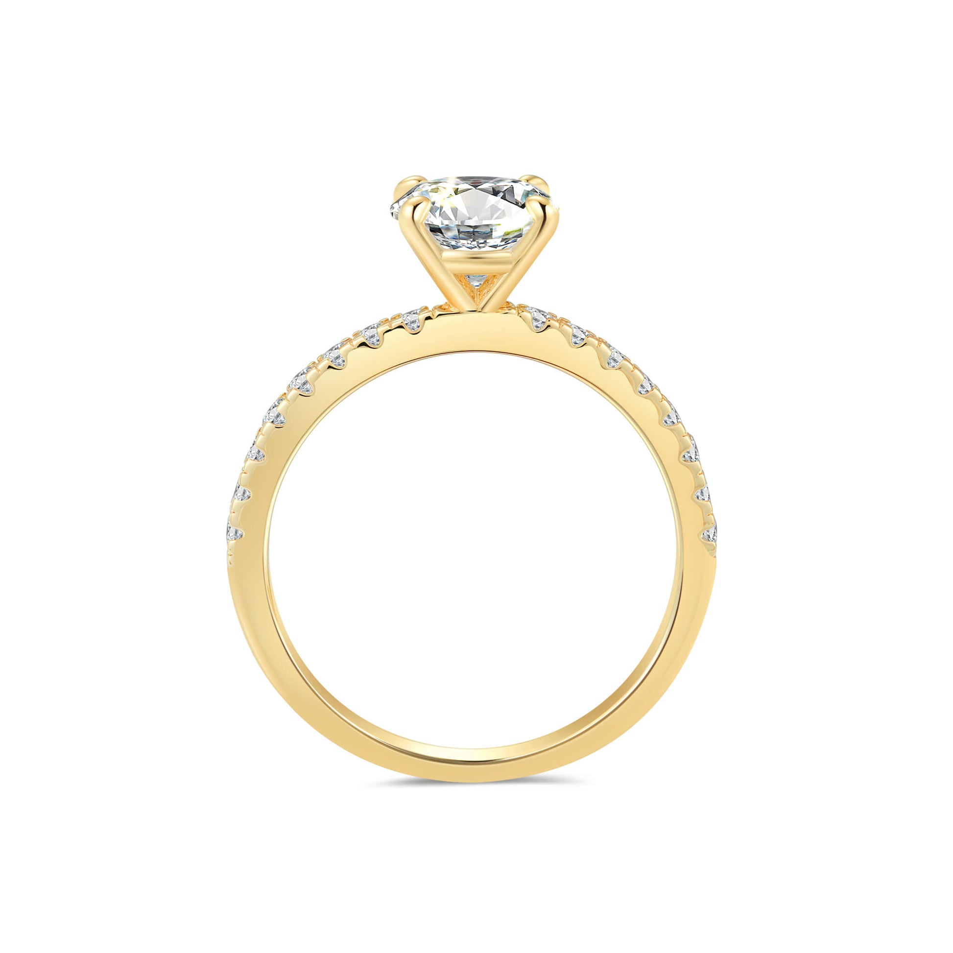 Solitaire Round Lab Diamond Ring with Pave Band in 18K Yellow Gold 4 Prong - Neoshine