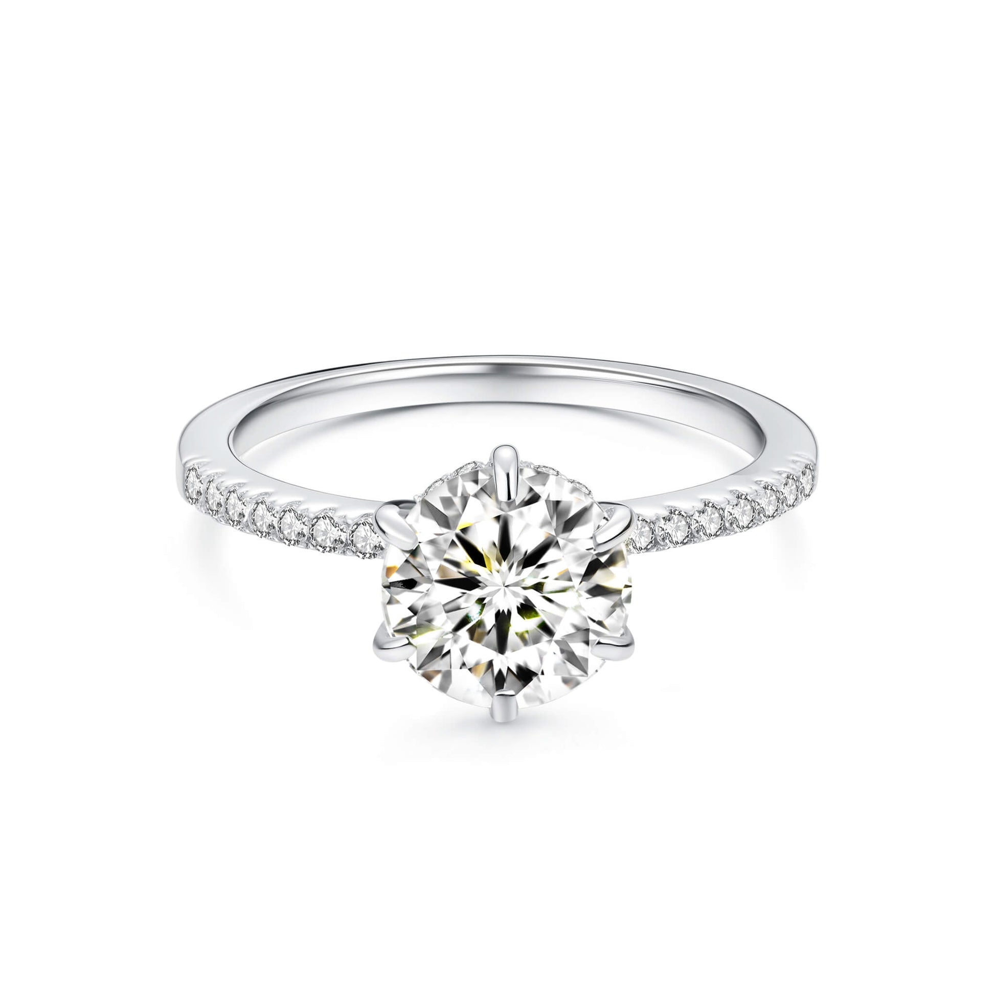 Solitaire Round Lab Diamond Ring with Pave Band in Platinum 6 Prong - Neoshine