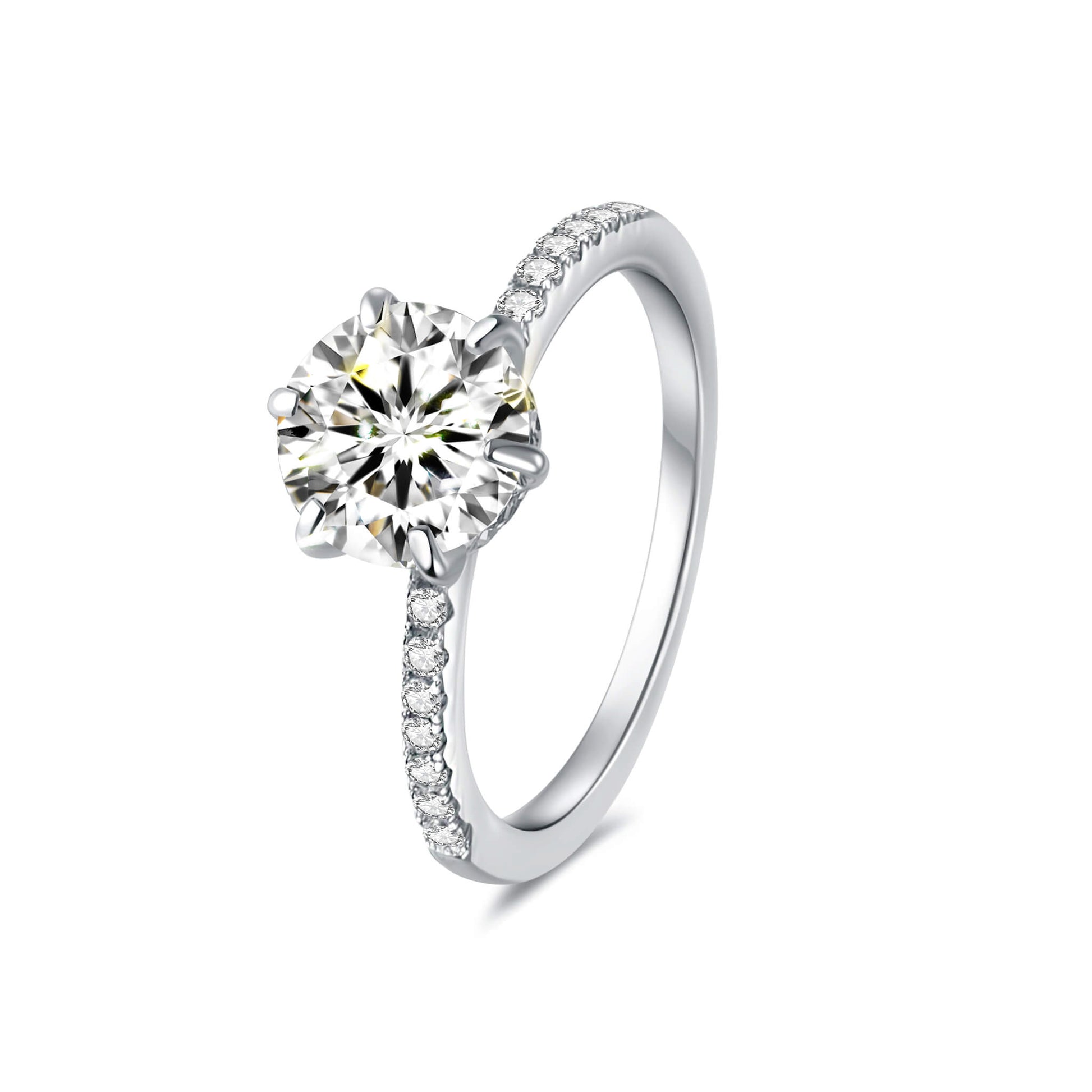 Solitaire Round Lab Diamond Ring with Pave Band in Platinum 6 Prong - Neoshine