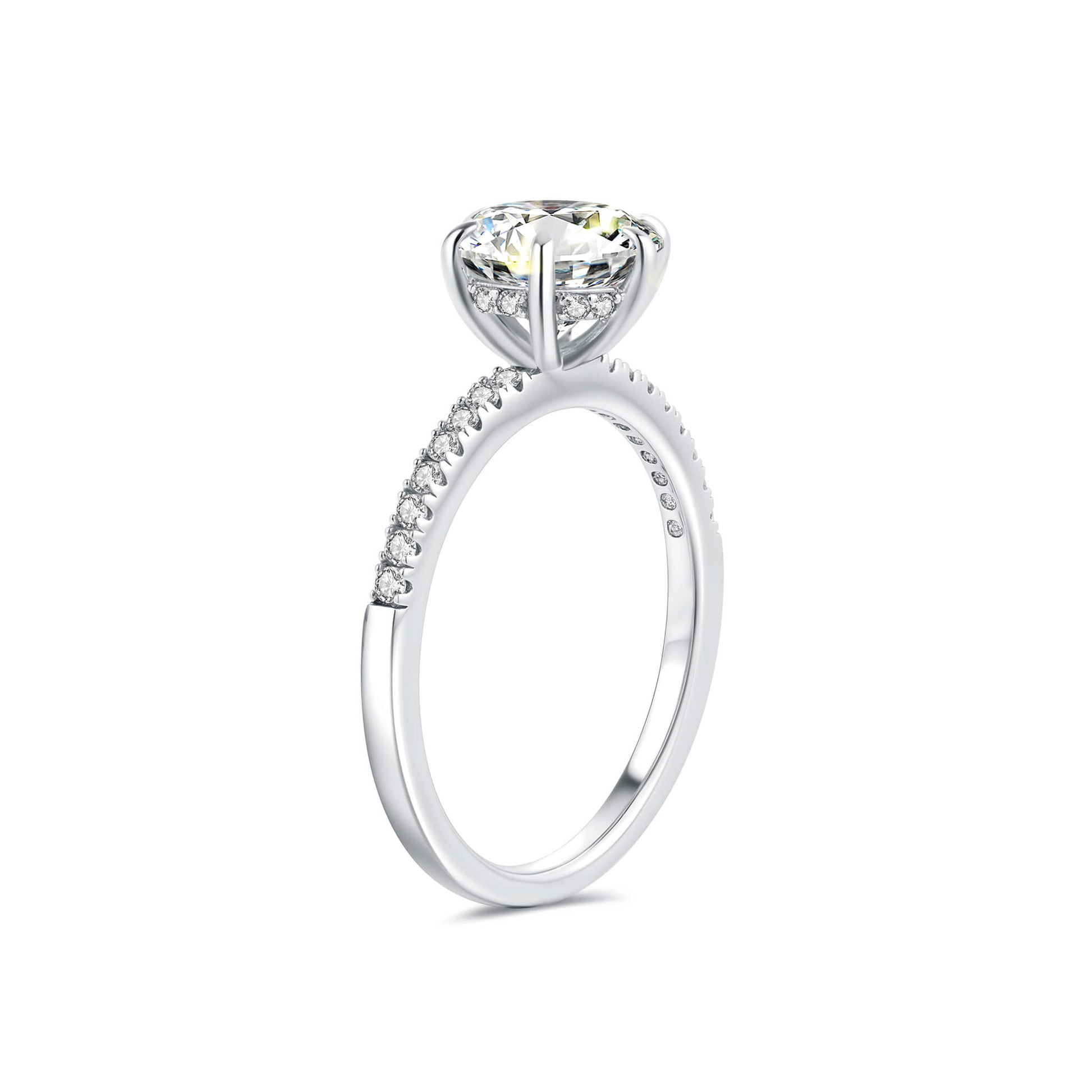 Solitaire Round Lab Diamond Ring with Pave Band in Platinum 6 Prong - Neoshine