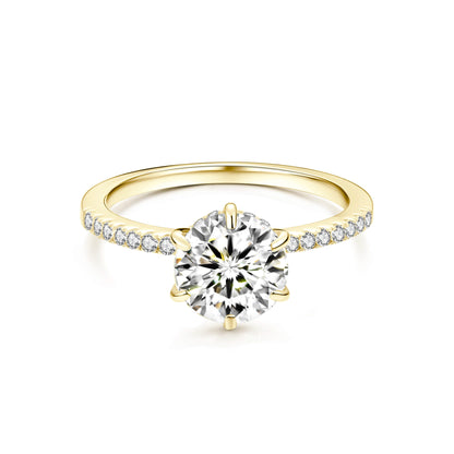 Solitaire Round Lab Diamond Ring with Pave Band in 18K Yellow Gold 6 Prong - Neoshine