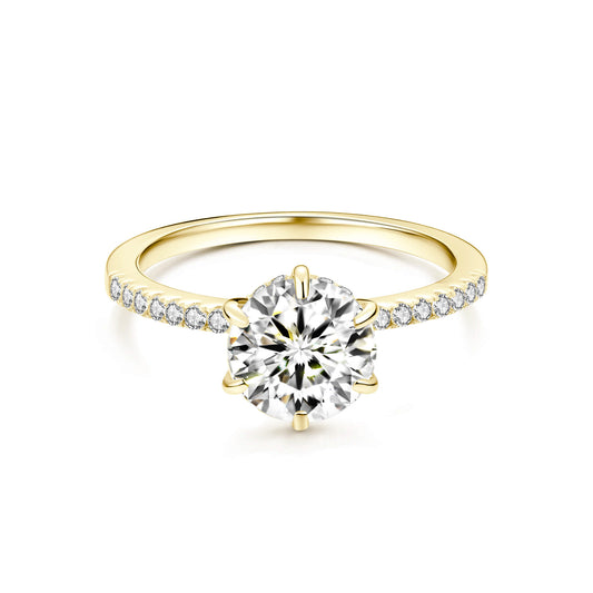 Solitaire Round Lab Diamond Ring with Pave Band in 18K Yellow Gold 6 Prong - Neoshine