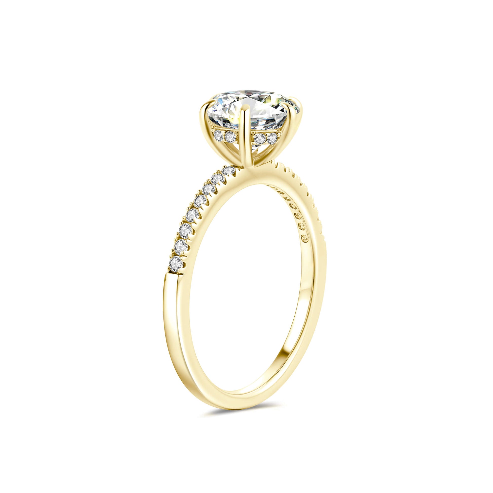 Solitaire Round Lab Diamond Ring with Pave Band in 18K Yellow Gold 6 Prong - Neoshine