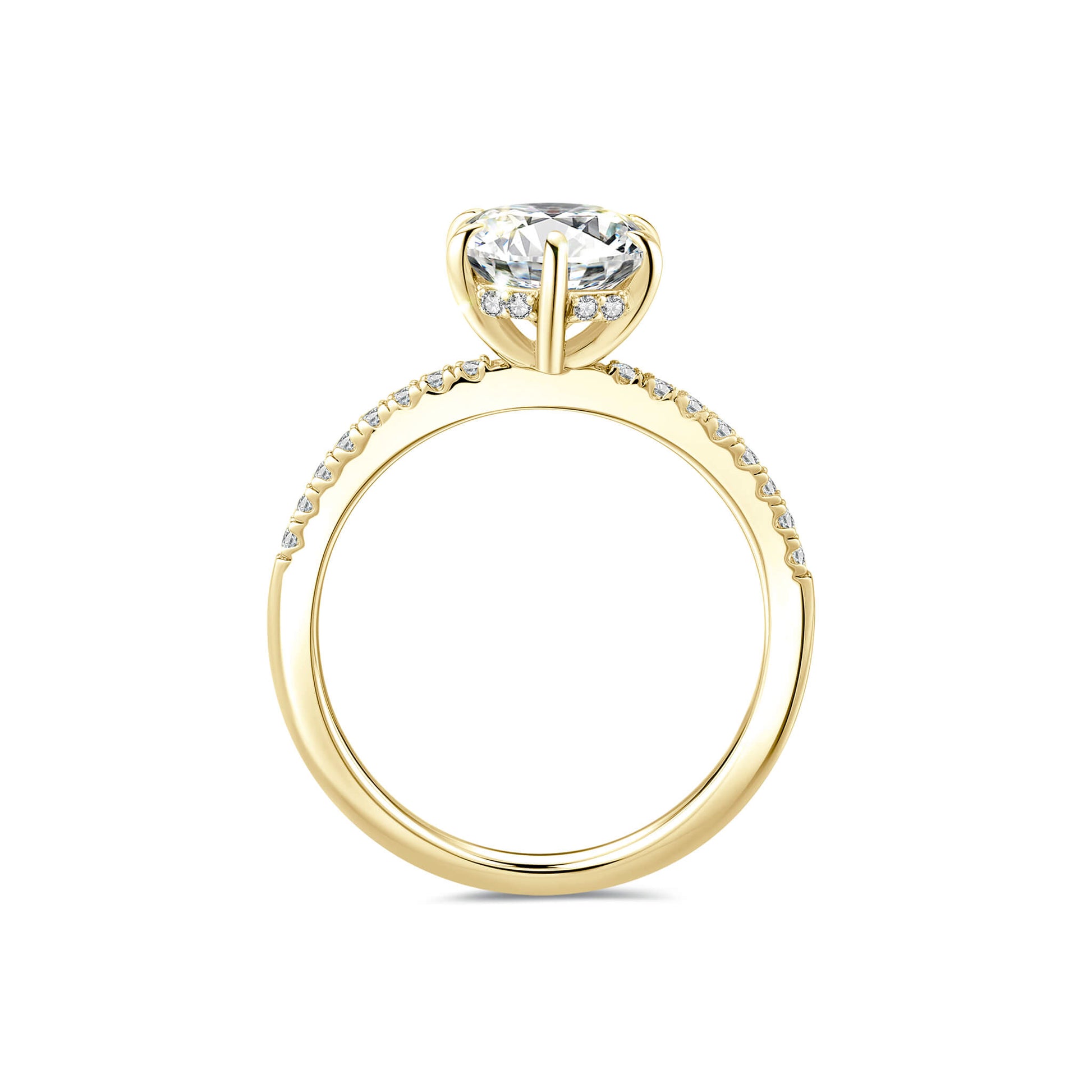 Solitaire Round Lab Diamond Ring with Pave Band in 18K Yellow Gold 6 Prong - Neoshine