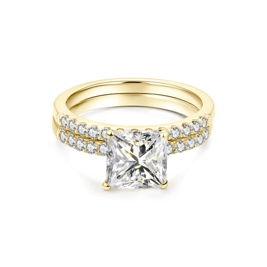 Bridal Sets Princess Lab Diamond Ring with Pave 18K Yellow Gold - Neoshine