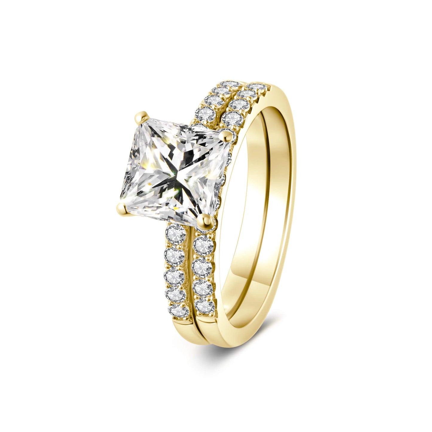 Bridal Sets Princess Lab Diamond Ring with Pave 18K Yellow Gold - Neoshine