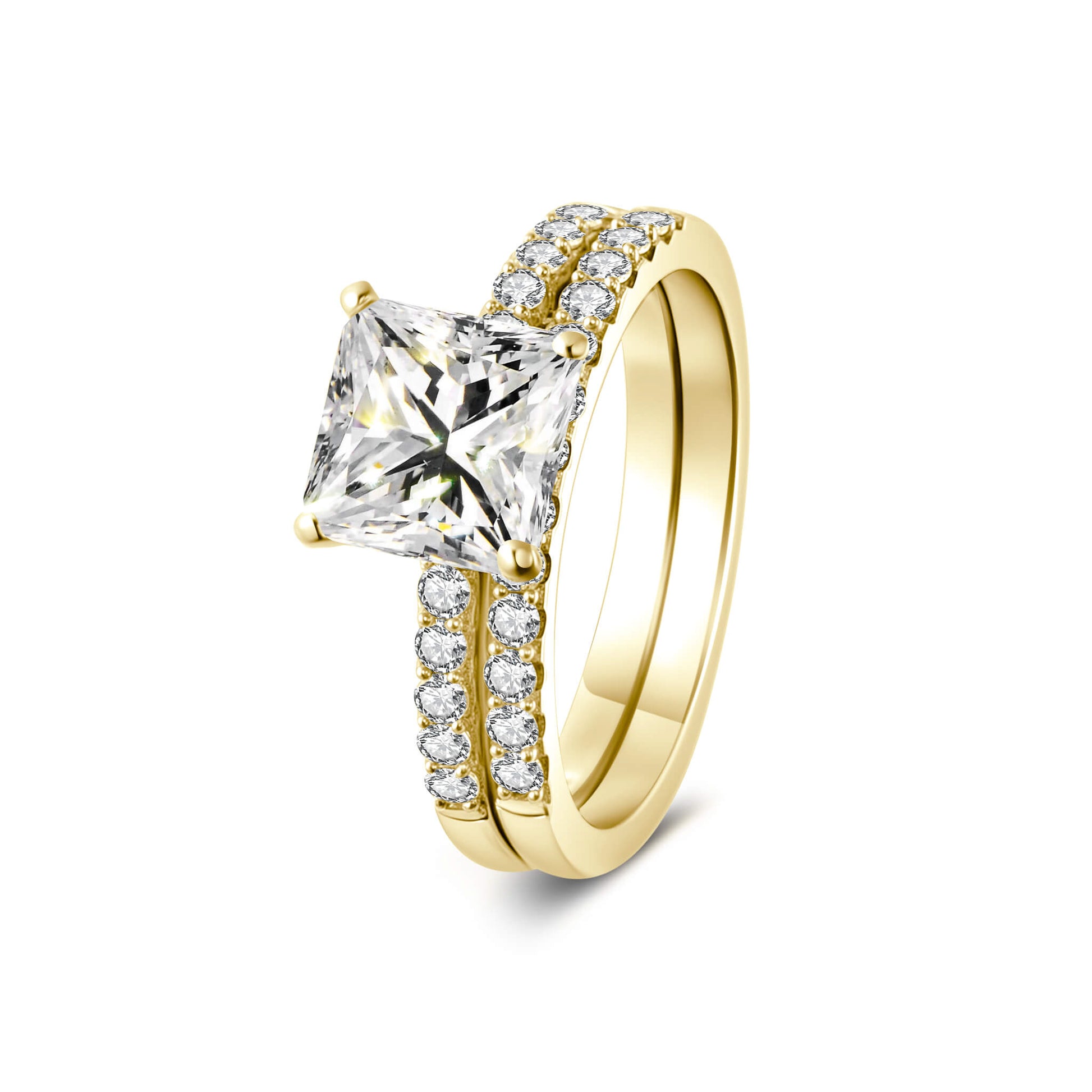 Bridal Sets Princess Lab Diamond Ring with Pave 18K Yellow Gold - Neoshine