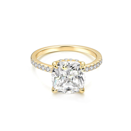 Hidden Halo Cushion Lab Diamond Ring in 18K Yellow Gold 4 Prong Setting - Neoshine