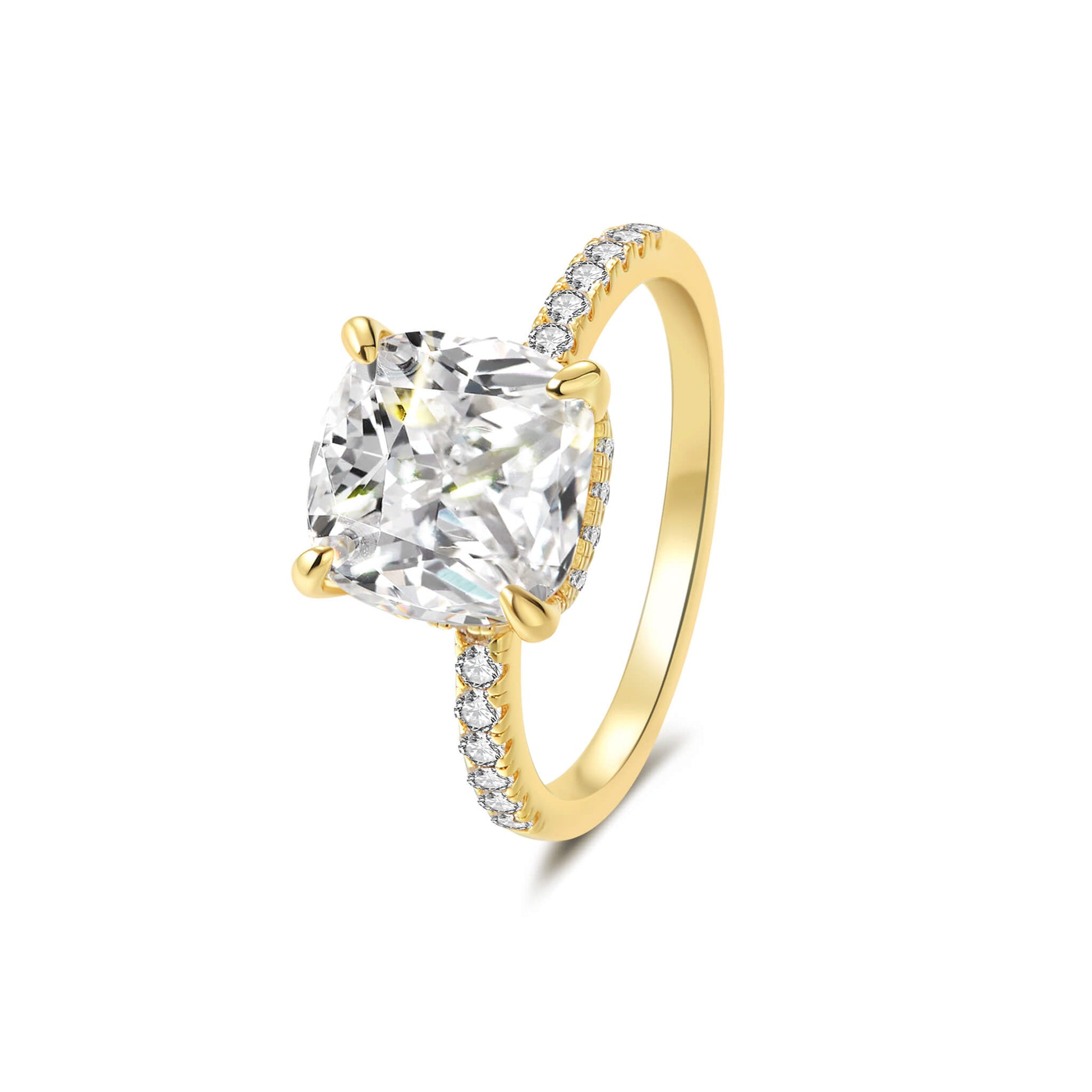 Hidden Halo Cushion Lab Diamond Ring in 18K Yellow Gold 4 Prong Setting - Neoshine