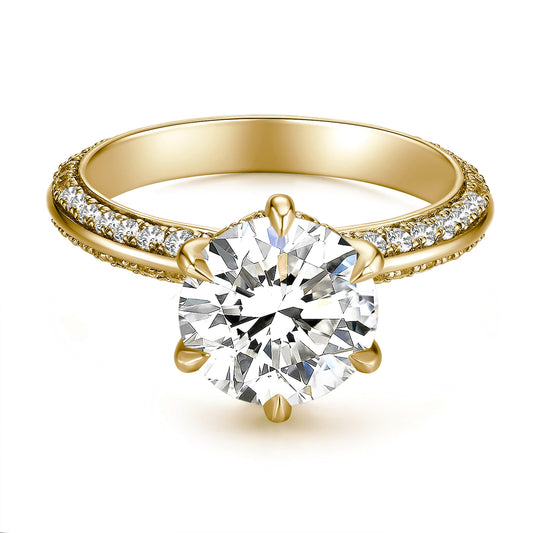 Round Solitaire Lab Diamond Ring in 18K Yellow Gold with Pave Band - Neoshine