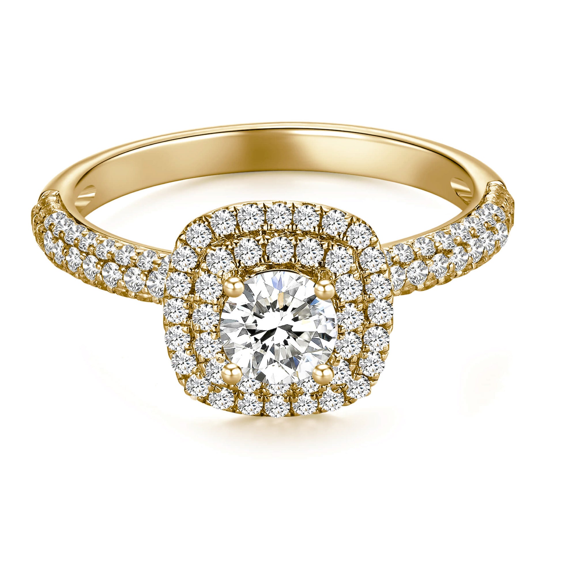 Round Double Halo Lab Diamond Ring in 18K Yellow Gold with Pave Band - Neoshine