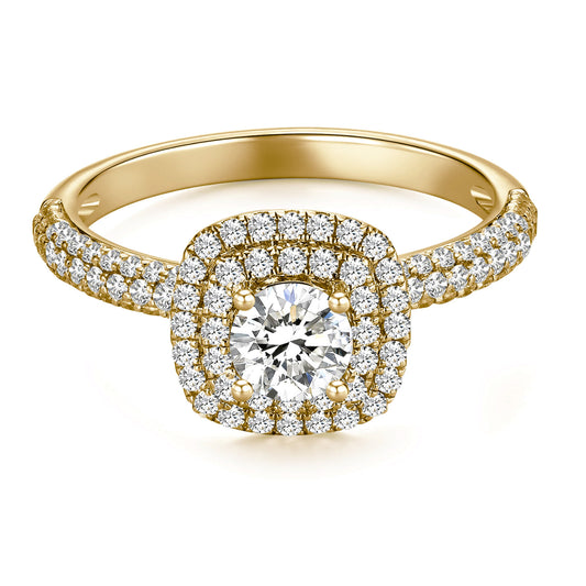 Round Double Halo Lab Diamond Ring in 18K Yellow Gold with Pave Band - Neoshine