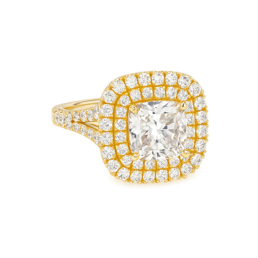 Double Halo Cushion Lab Diamond Ring in 18K Yellow Gold 4 Prong Setting - Neoshine