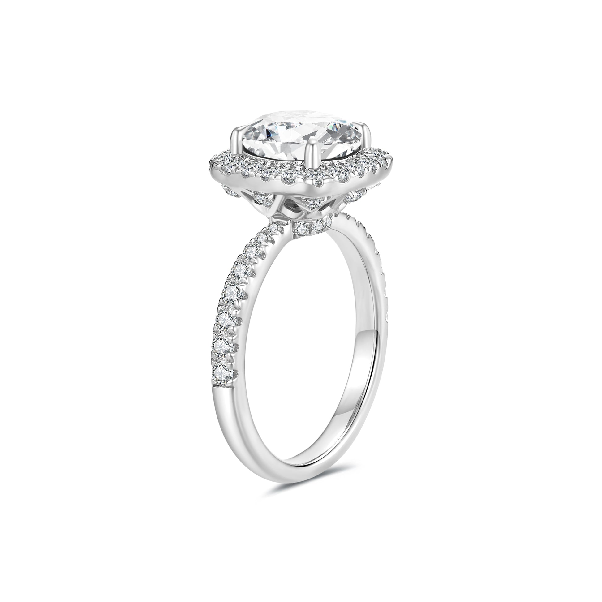 Round Halo Lab Diamond Ring with Pave Band in Platinum - Neoshine