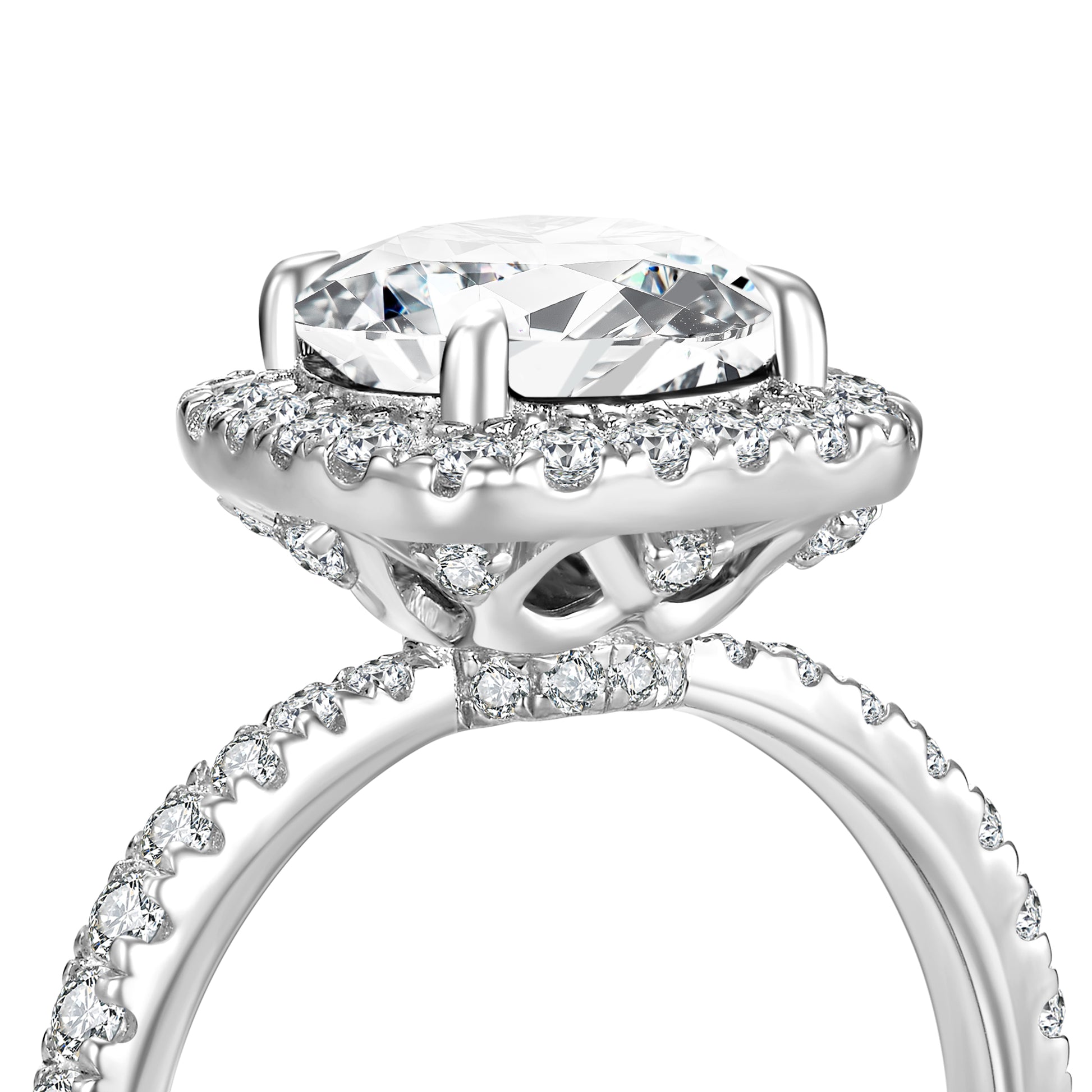 Round Halo Lab Diamond Ring with Pave Band in Platinum - Neoshine