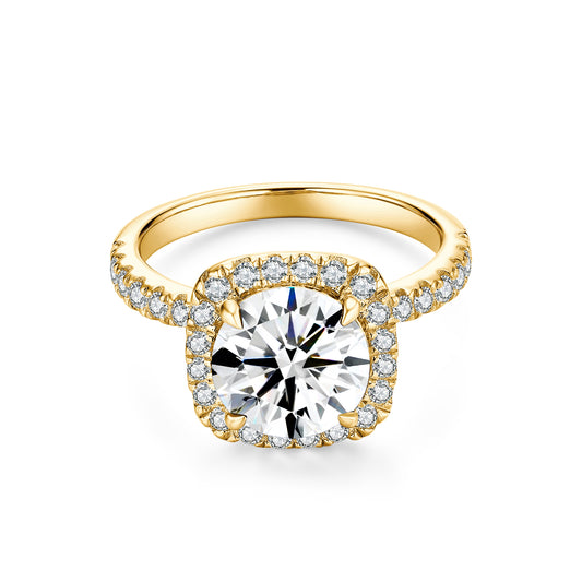 Round Halo Lab Diamond Ring with Pave Band in 14K Yellow Gold