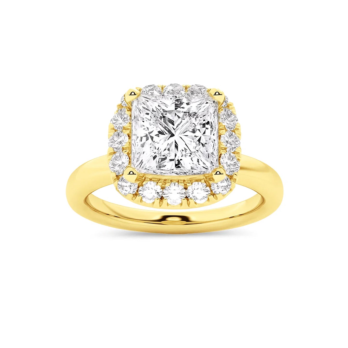 Halo Princess Lab Diamond Ring in 18K Yellow Gold 4 Prong Setting - Neoshine