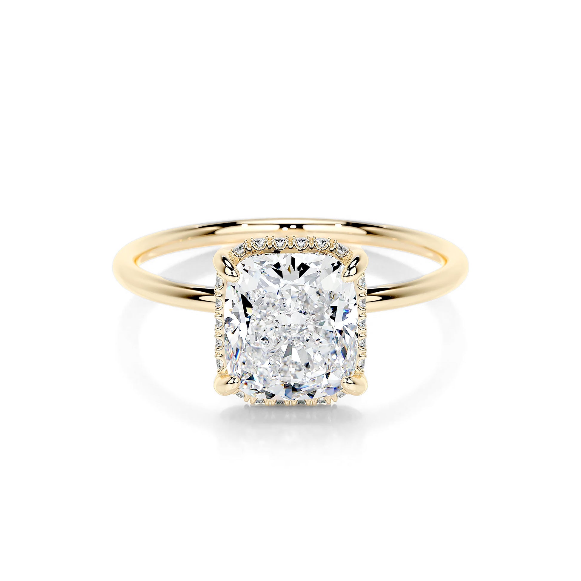 Hidden Halo Cushion Lab Diamond Ring in 18K Yellow Gold 4 Prong Setting - Neoshine