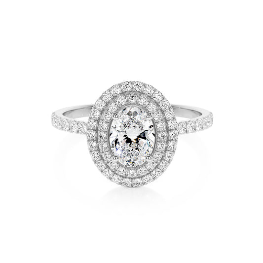 Double Halo Oval Lab Diamond Ring in Platinum 4 Prong Setting - Neoshine