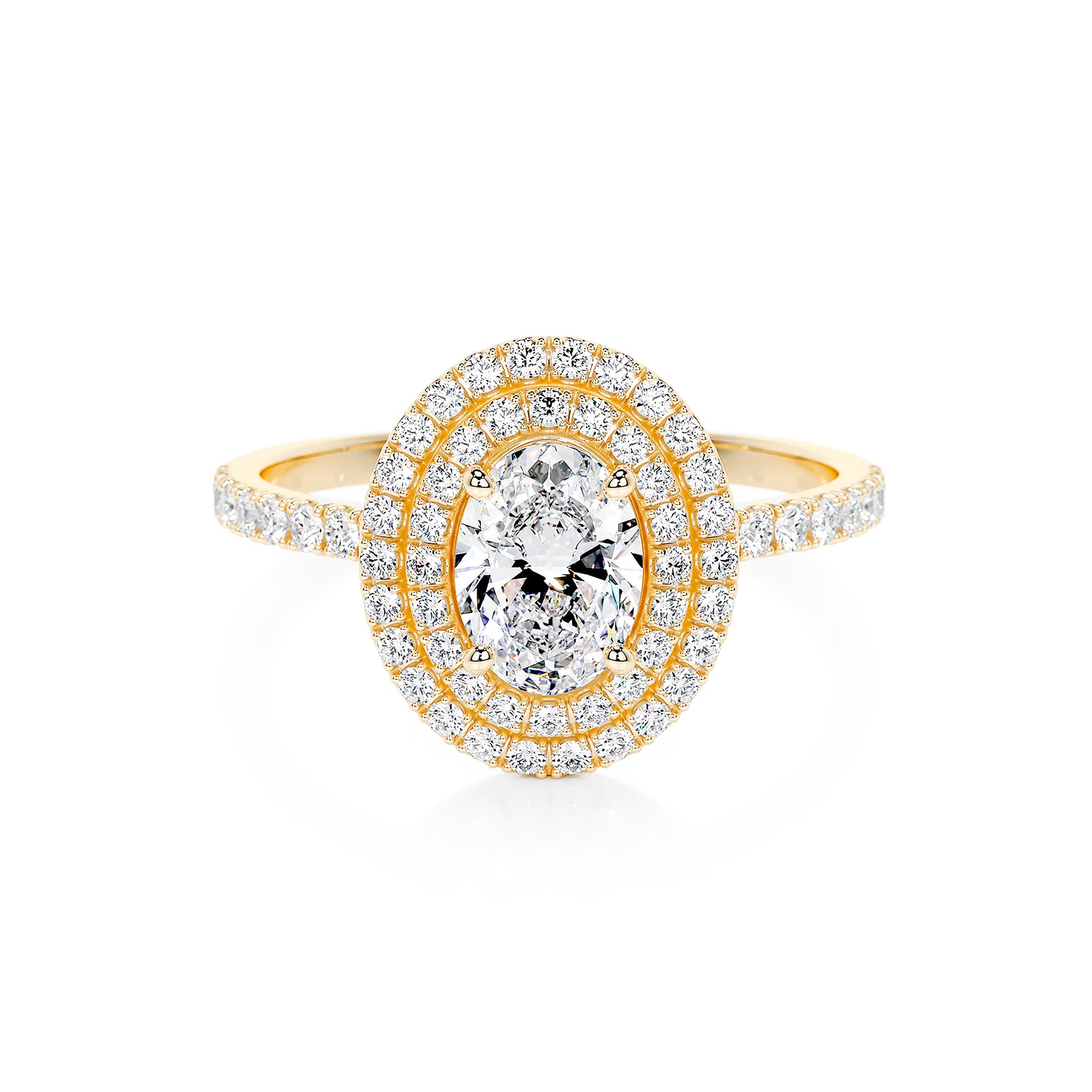 Double Halo Oval Lab Diamond Ring in 18K Yellow Gold 4 Prong Setting - Neoshine
