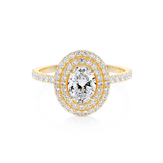 Double Halo Oval Lab Diamond Ring in 18K Yellow Gold 4 Prong Setting - Neoshine