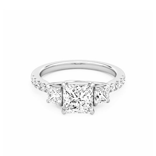 Three Stone Princess Lab Diamond Ring in Platinum 4 Prong Setting - Neoshine