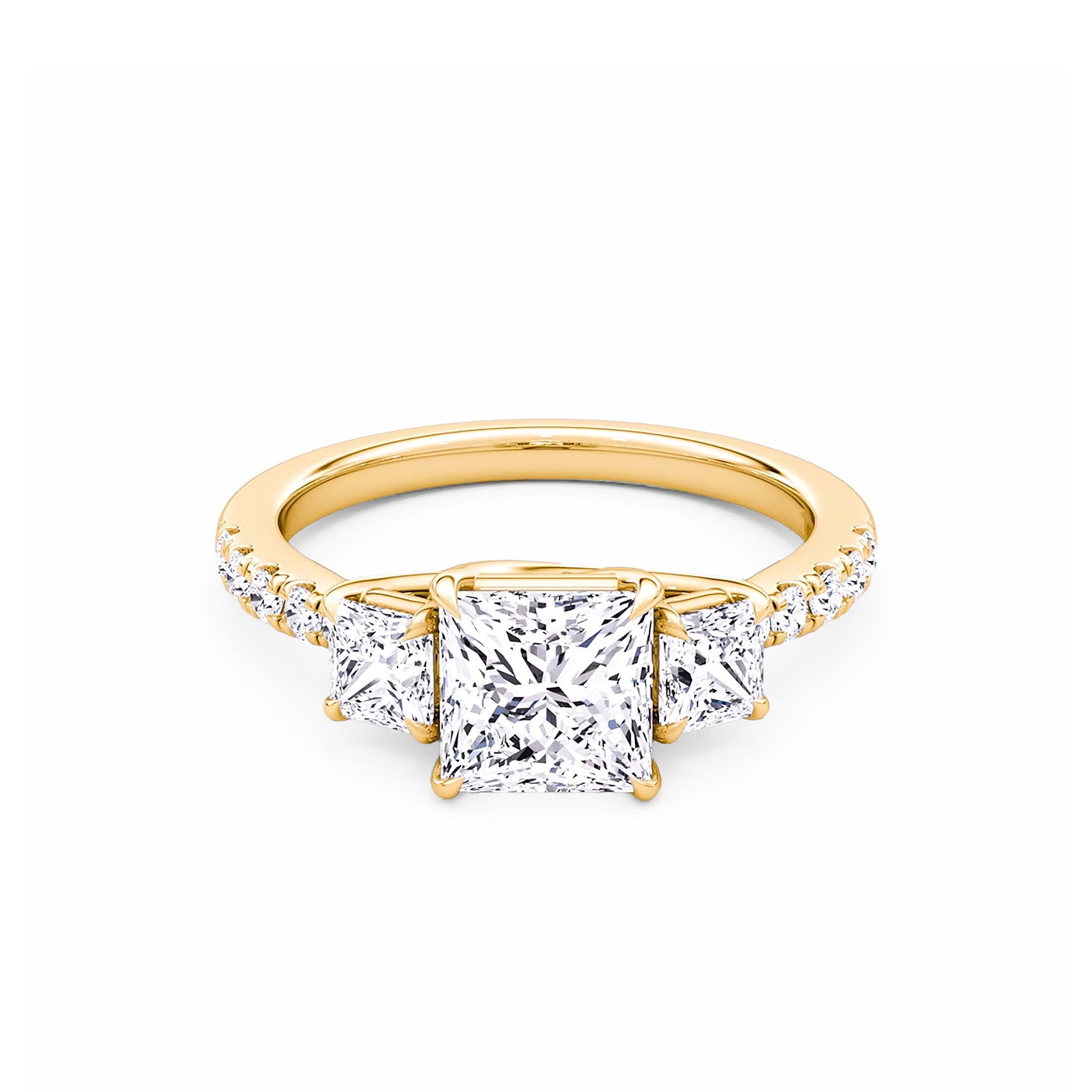 Three Stone Princess Lab Diamond Ring in 18K Yellow Gold 4 Prong Setting - Neoshine