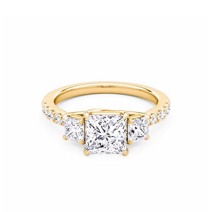 Three Stone Princess Lab Diamond Ring in 18K Yellow Gold 4 Prong Setting - Neoshine