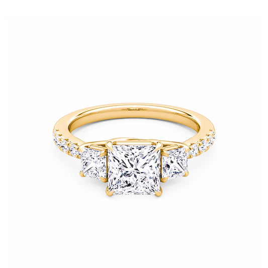 Three Stone Princess Lab Diamond Ring in 18K Yellow Gold 4 Prong Setting - Neoshine