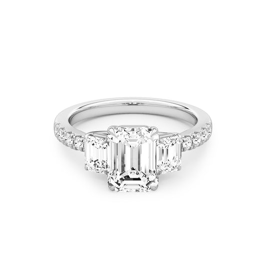 Three Stone Emerald Lab Diamond Ring in Platinum 4 Prong Setting - Neoshine