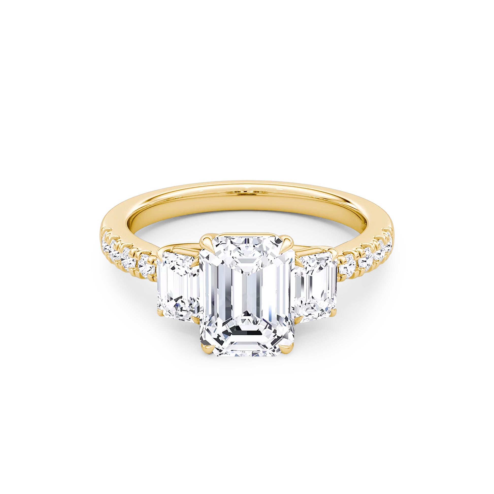 Three Stone Emerald Lab Diamond Ring in 18K Yellow Gold 4 Prong Setting - Neoshine