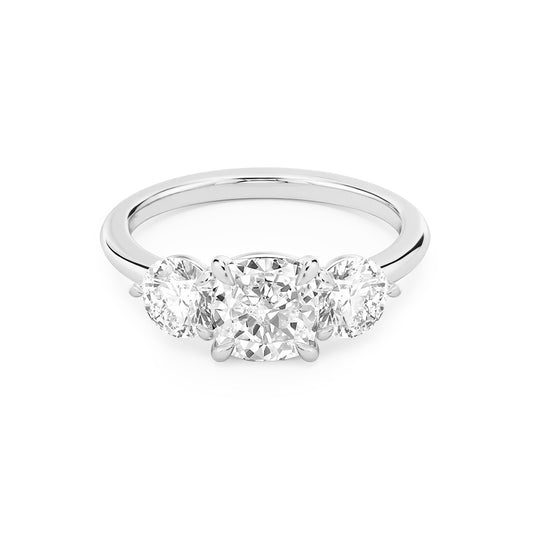 Three Stone Cushion Lab Diamond Ring in Platinum 4 Prong Setting - Neoshine