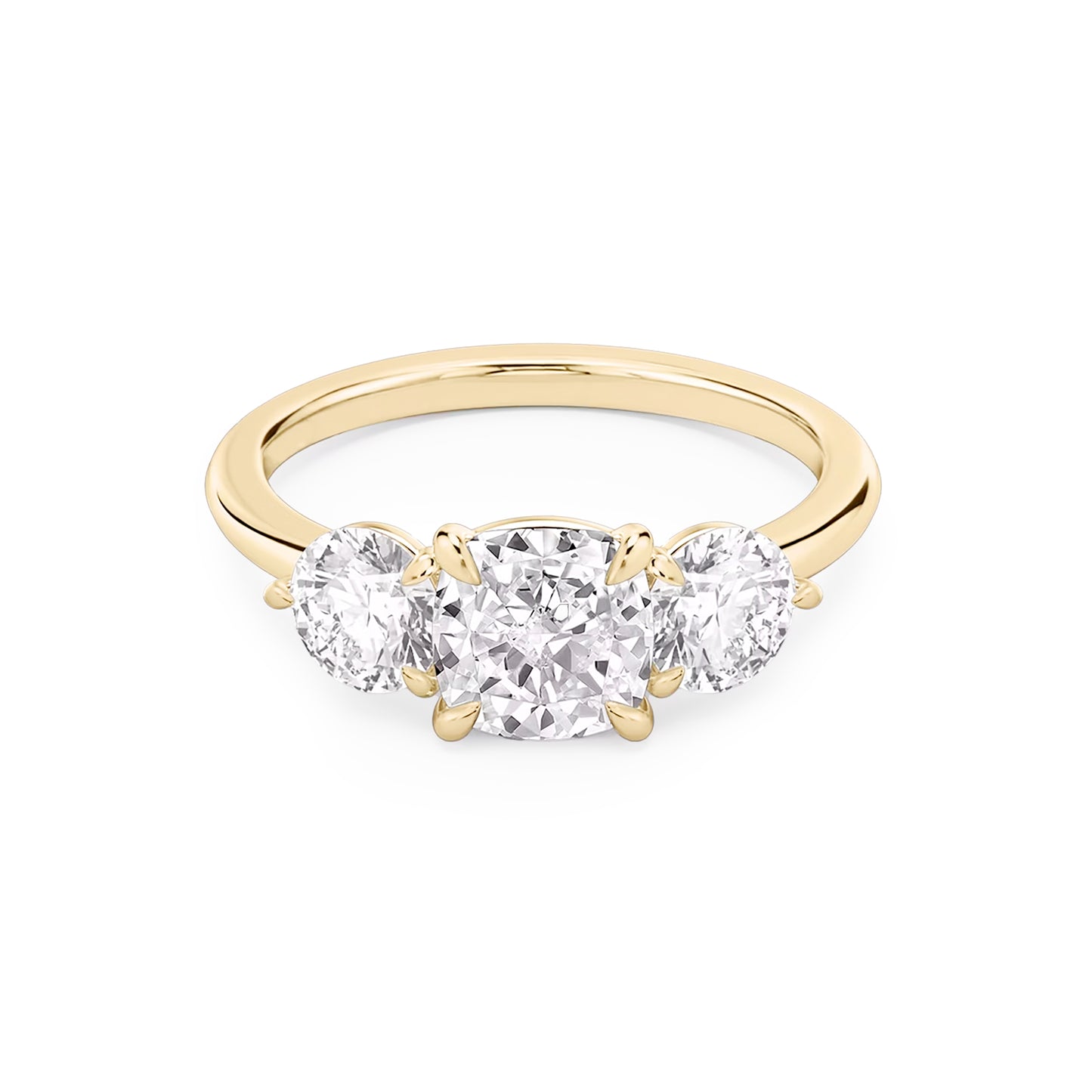 Three Stone Cushion Lab Diamond Ring in 18K Yellow Gold 4 Prong Setting - Neoshine