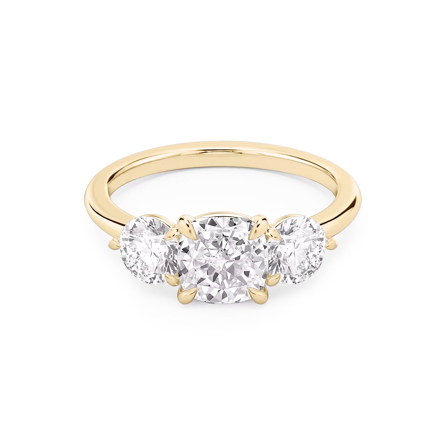 Three Stone Cushion Lab Diamond Ring in 18K Yellow Gold 4 Prong Setting - Neoshine