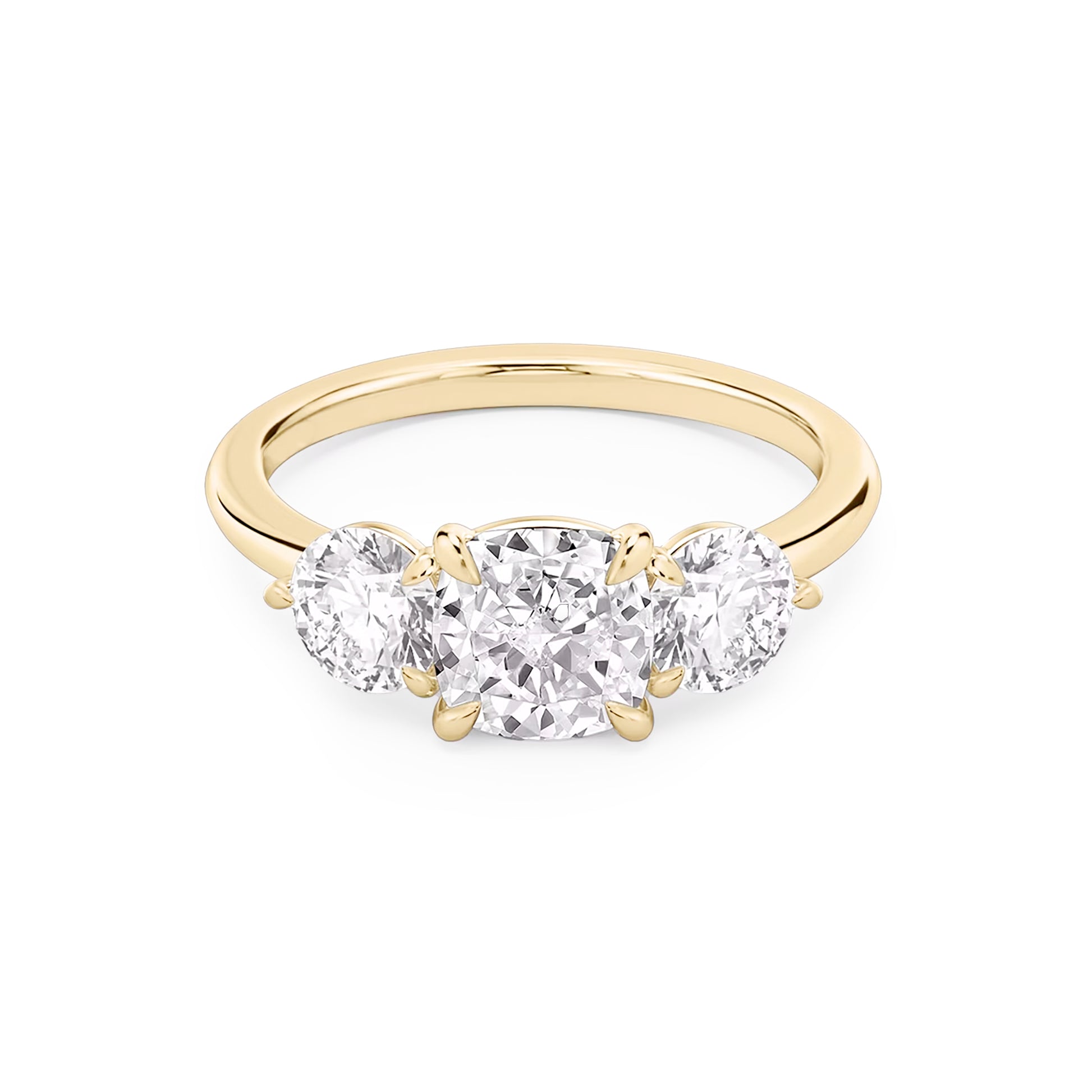 Three Stone Cushion Lab Diamond Ring in 18K Yellow Gold 4 Prong Setting - Neoshine